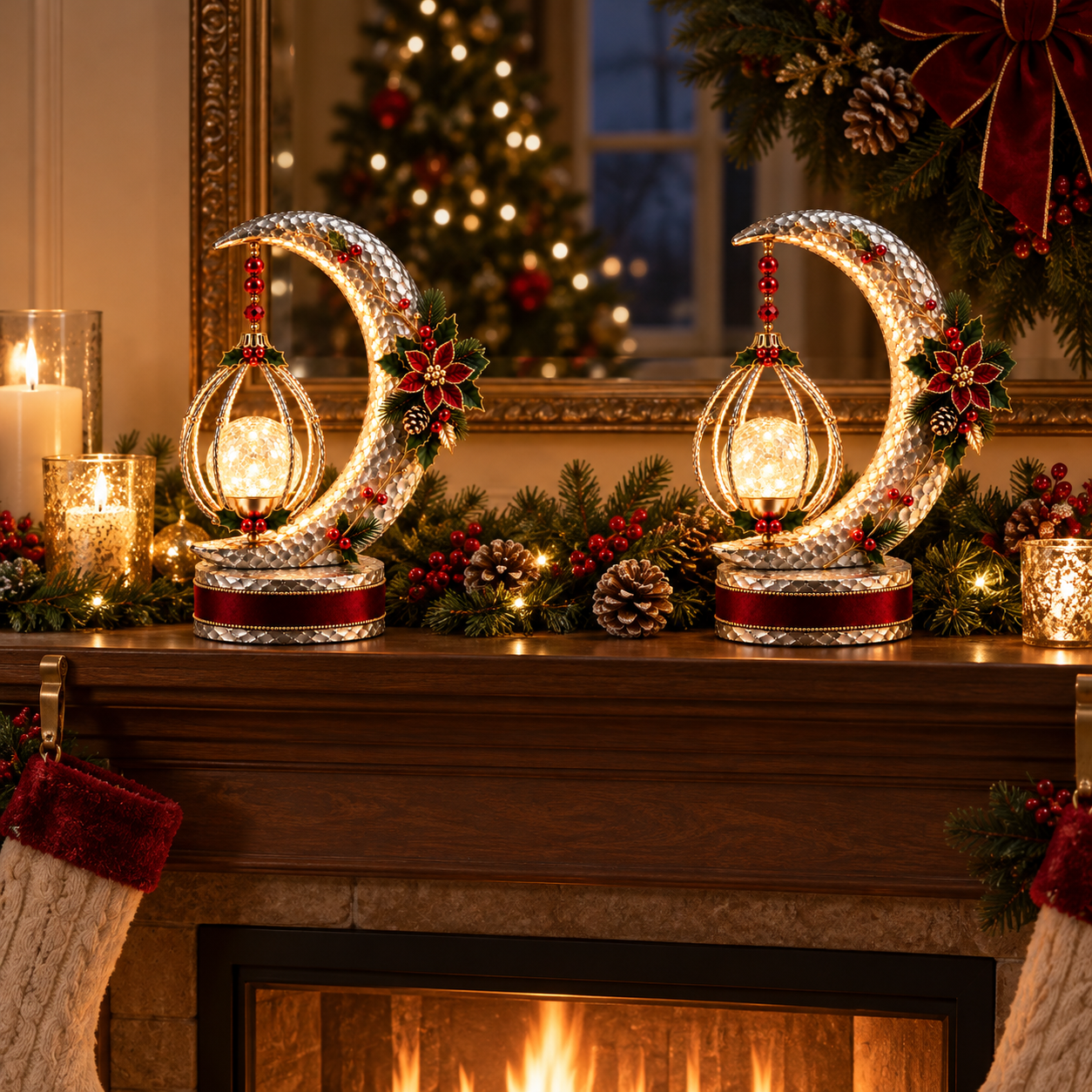 Vintage Lighted Christmas Crescent Moon Lantern Decor
