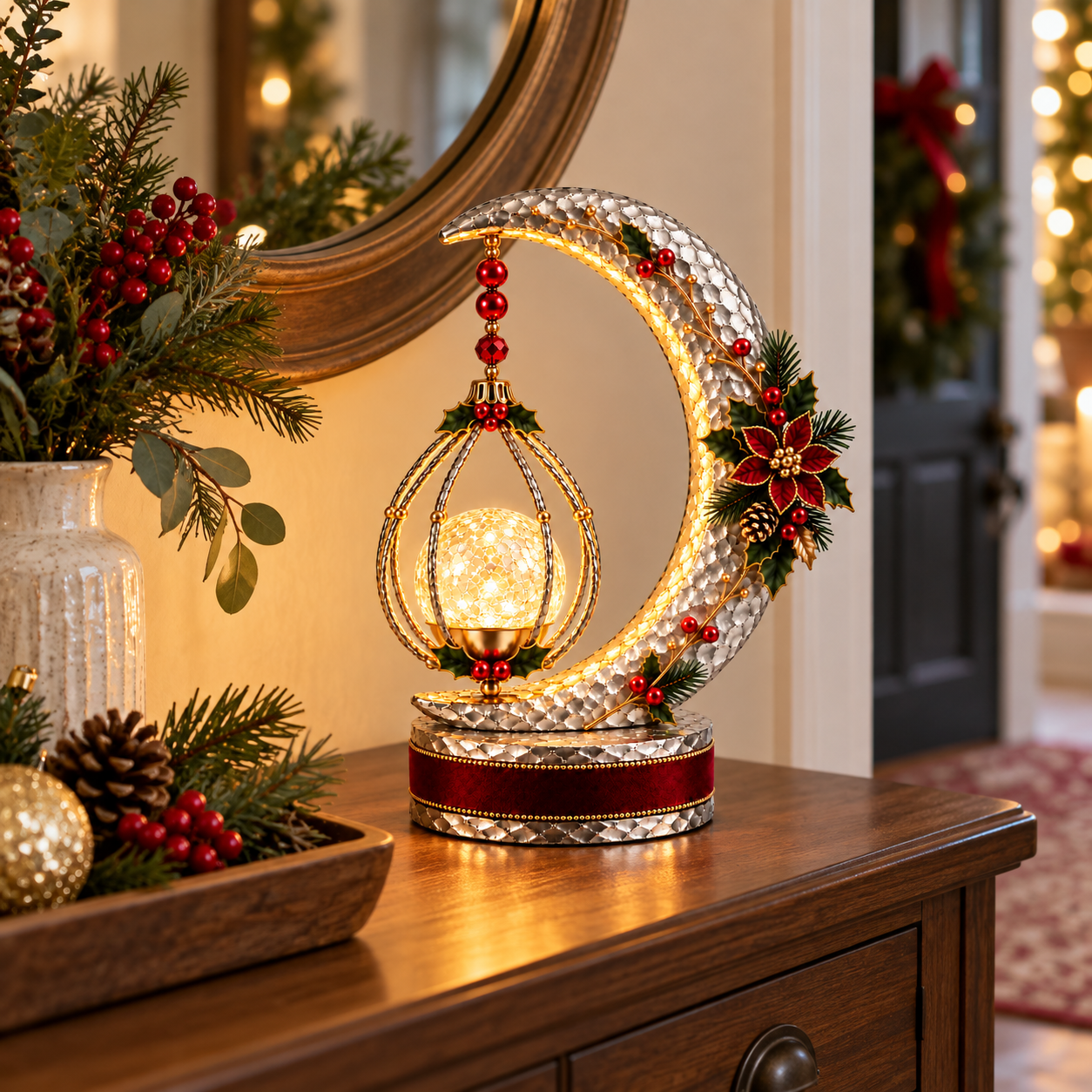 Vintage Lighted Christmas Crescent Moon Lantern Decor