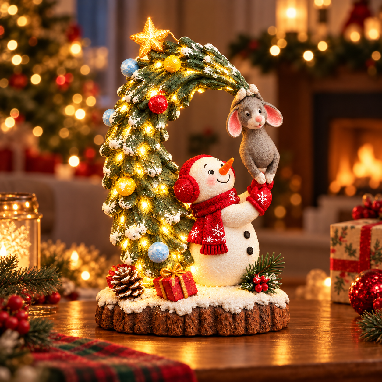 Woodland Mouse & Snowman Christmas Tree Figurine