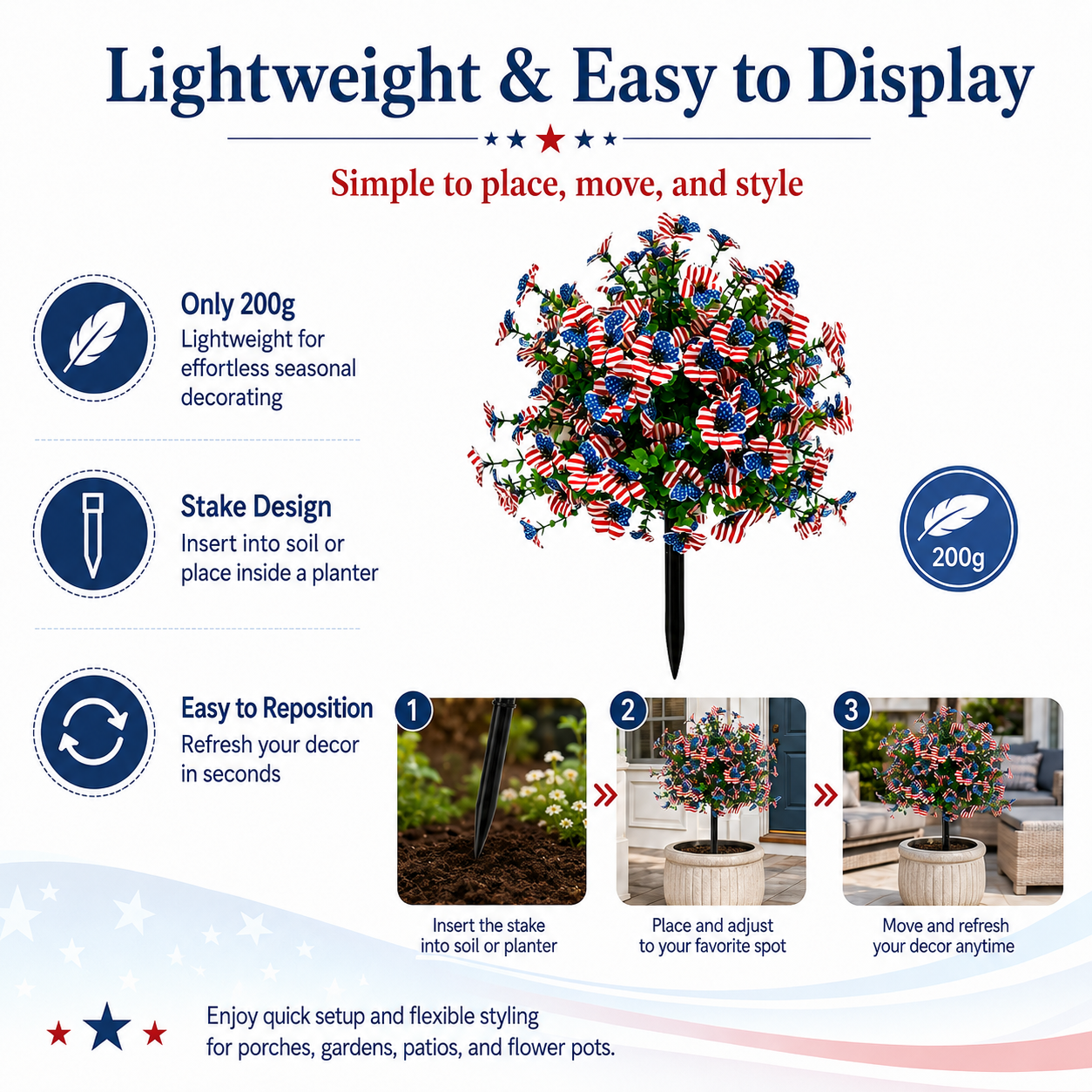 Patriotic Artificial Flower Decoration – American Flag-Inspired Floral Arrangement, Lightweight 200g, Perfect for Holiday & Outdoor Display
