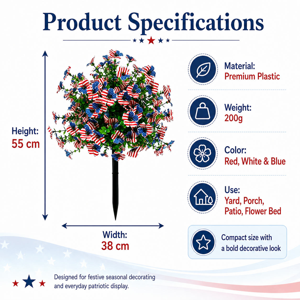 Patriotic Artificial Flower Decoration – American Flag-Inspired Floral Arrangement, Lightweight 200g, Perfect for Holiday & Outdoor Display