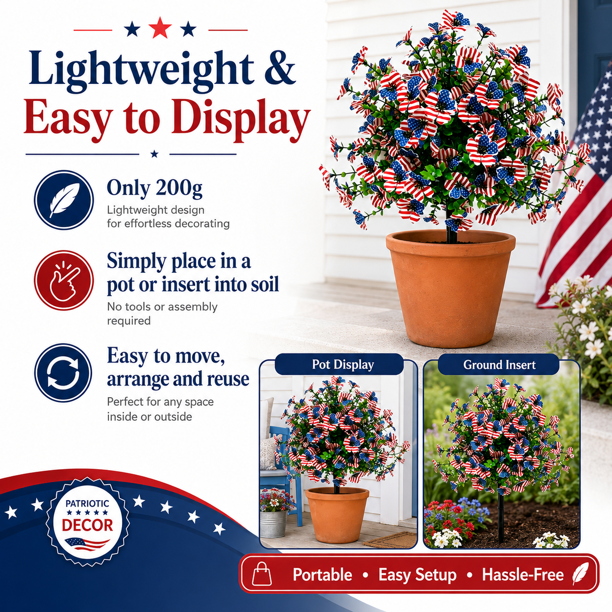 Patriotic Artificial Flower Decoration – American Flag-Inspired Floral Arrangement, Lightweight 200g, Perfect for Holiday & Outdoor Display