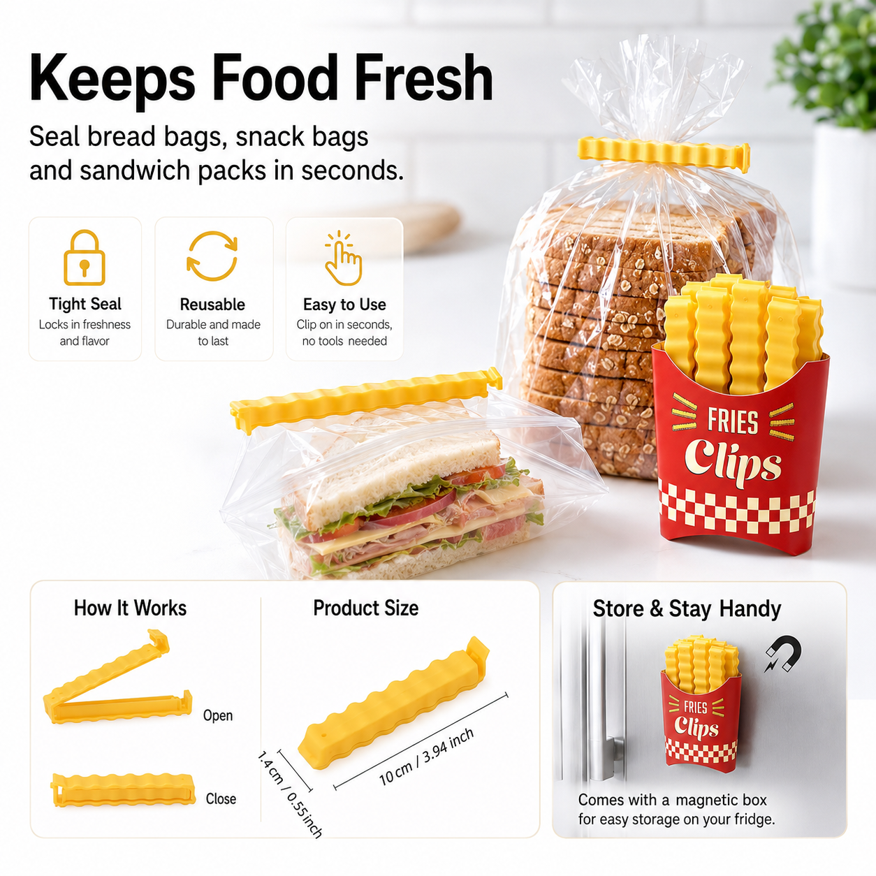 Fries Clips – French Fry Shaped Food Bag Clips with Magnetic Box, Keep Food Fresh