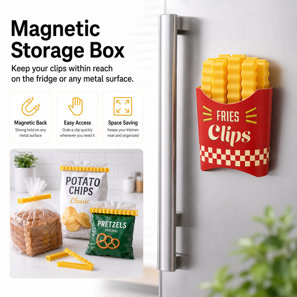 Fries Clips – French Fry Shaped Food Bag Clips with Magnetic Box, Keep Food Fresh