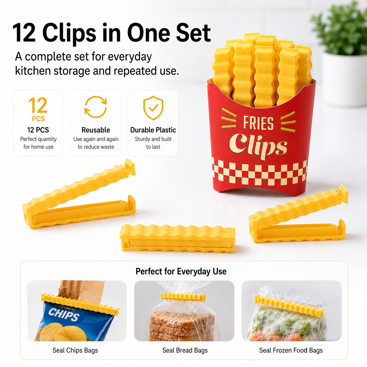 Fries Clips – French Fry Shaped Food Bag Clips with Magnetic Box, Keep Food Fresh