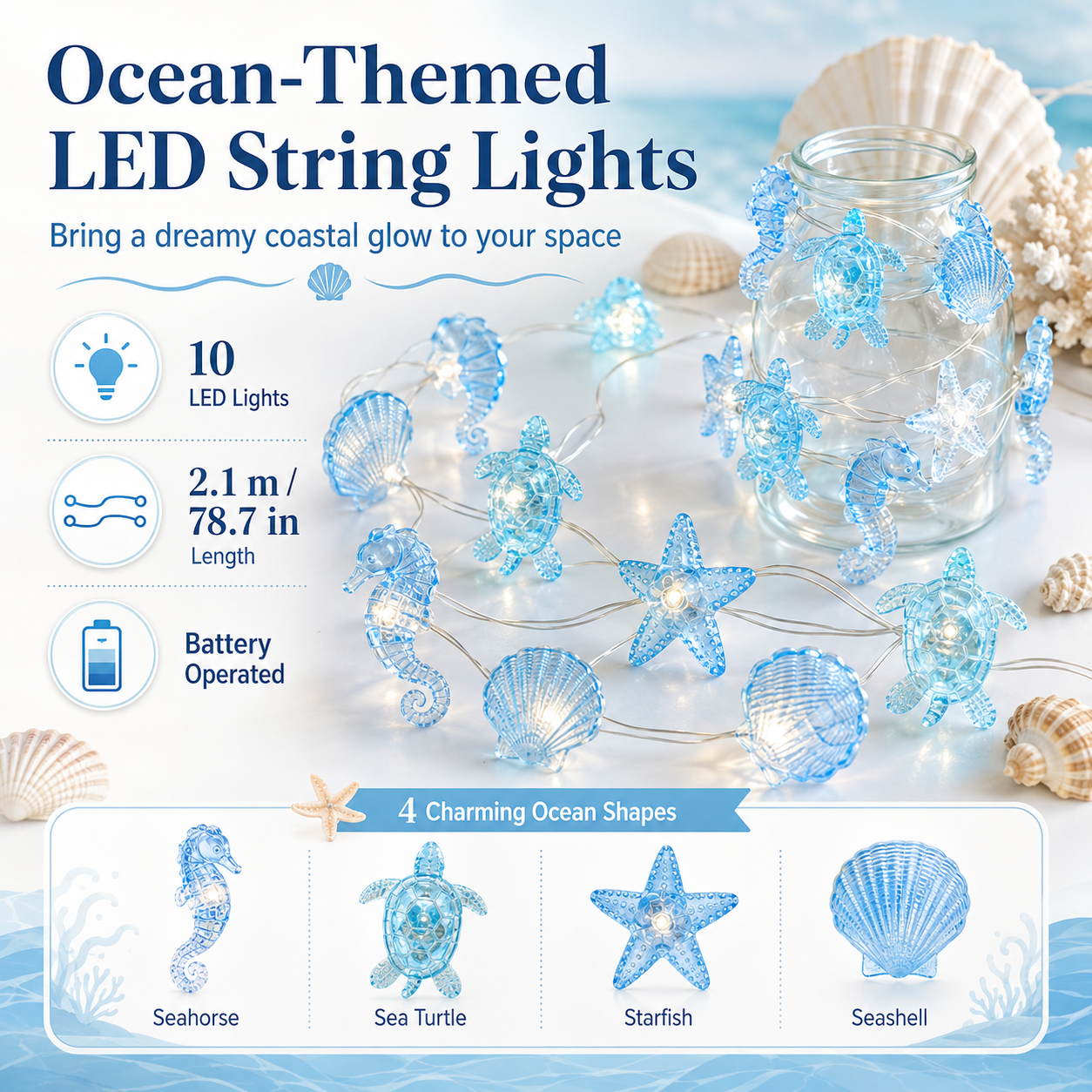 Ocean-Themed LED String Lights, 10 LED Sea Animal Fairy Lights Battery Operated for Bedroom, Nursery, Party & Coastal Home Decor