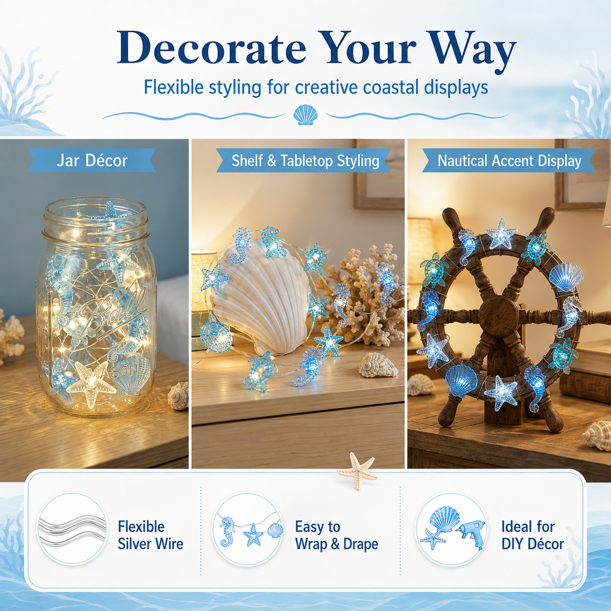 Ocean-Themed LED String Lights, 10 LED Sea Animal Fairy Lights Battery Operated for Bedroom, Nursery, Party & Coastal Home Decor