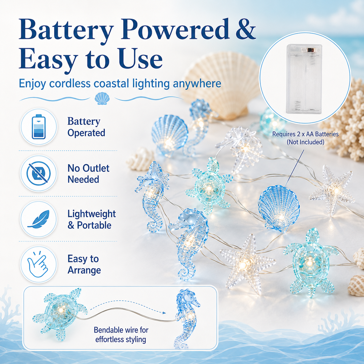 Ocean-Themed LED String Lights, 10 LED Sea Animal Fairy Lights Battery Operated for Bedroom, Nursery, Party & Coastal Home Decor