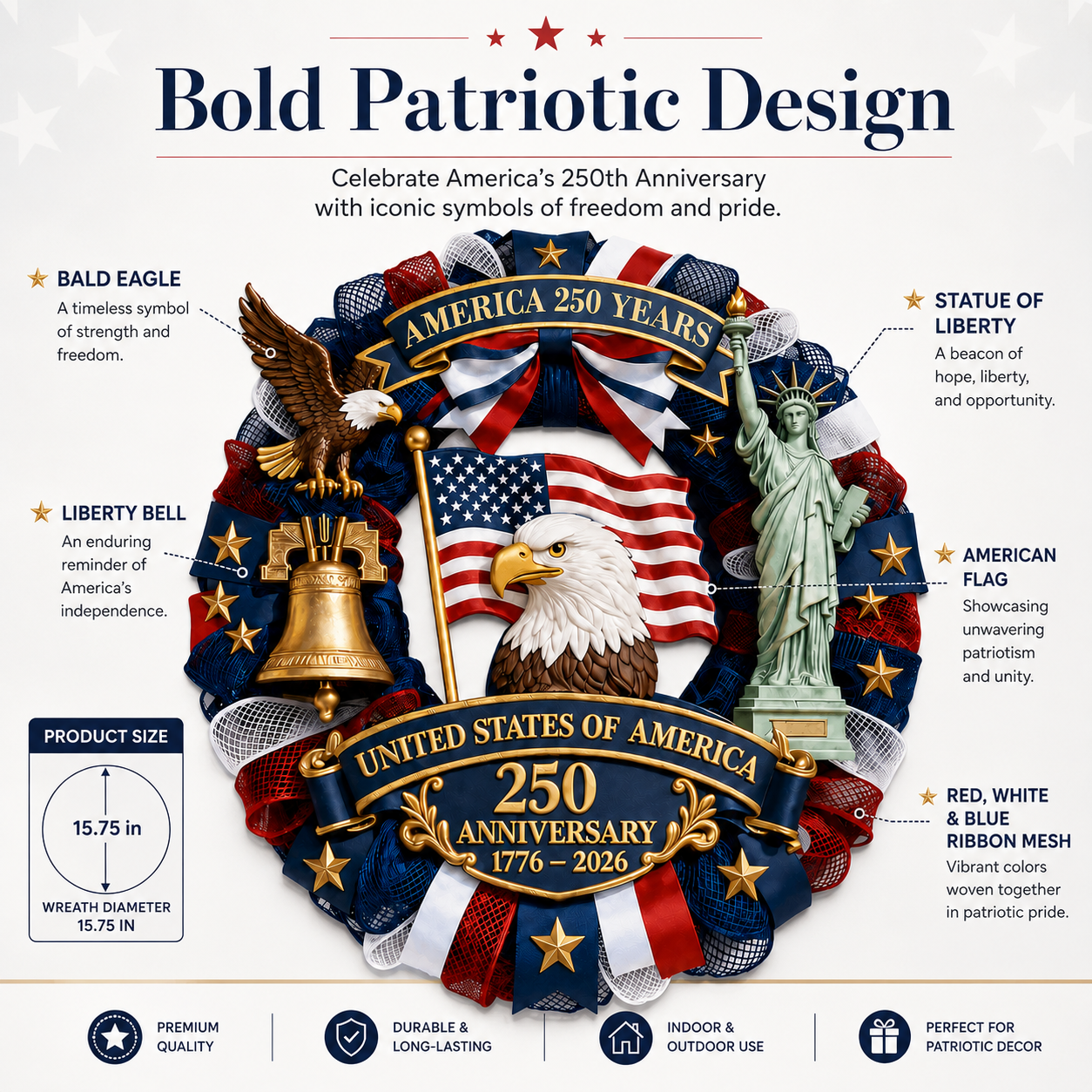Patriotic 250th Anniversary Decorative Wreath – USA Eagle & Liberty Statue Wall Hanging