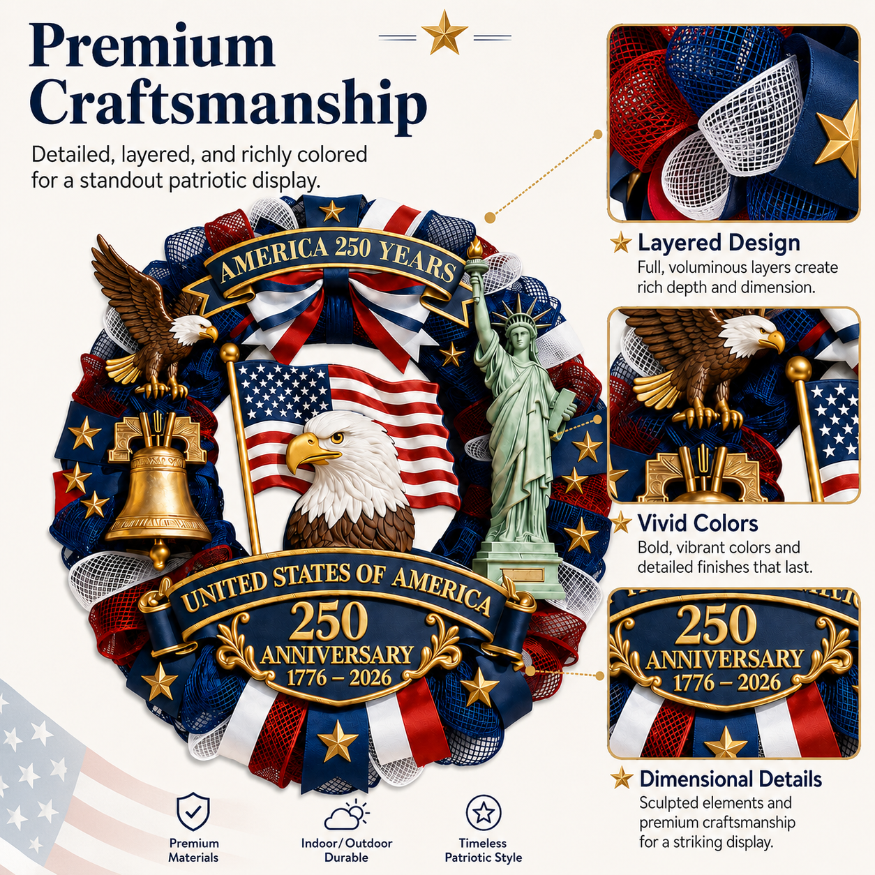 Patriotic 250th Anniversary Decorative Wreath – USA Eagle & Liberty Statue Wall Hanging