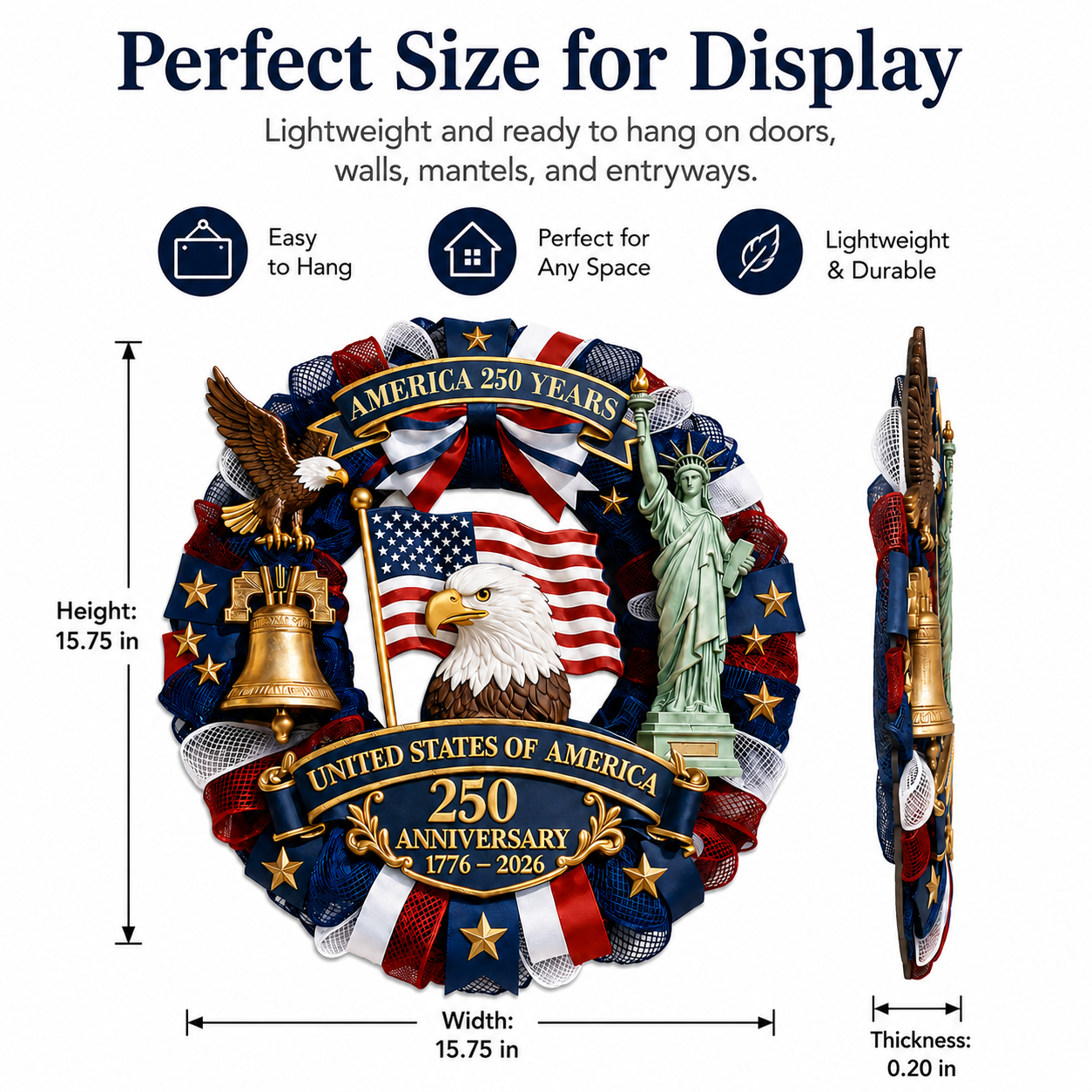 Patriotic 250th Anniversary Decorative Wreath – USA Eagle & Liberty Statue Wall Hanging
