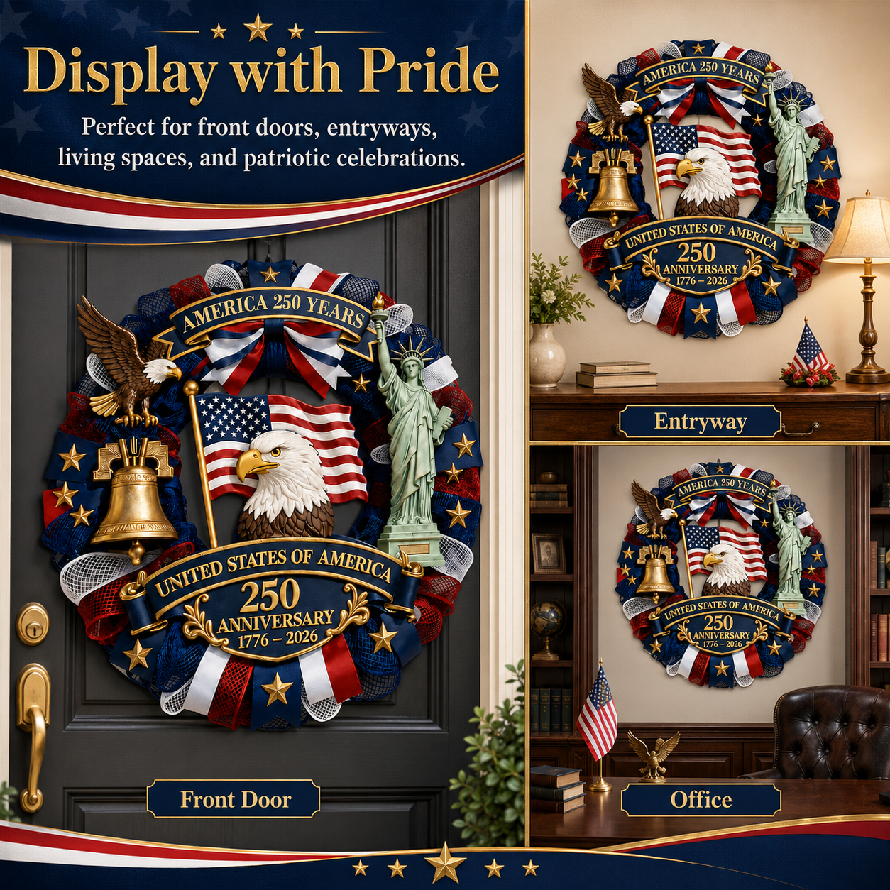 Patriotic 250th Anniversary Decorative Wreath – USA Eagle & Liberty Statue Wall Hanging