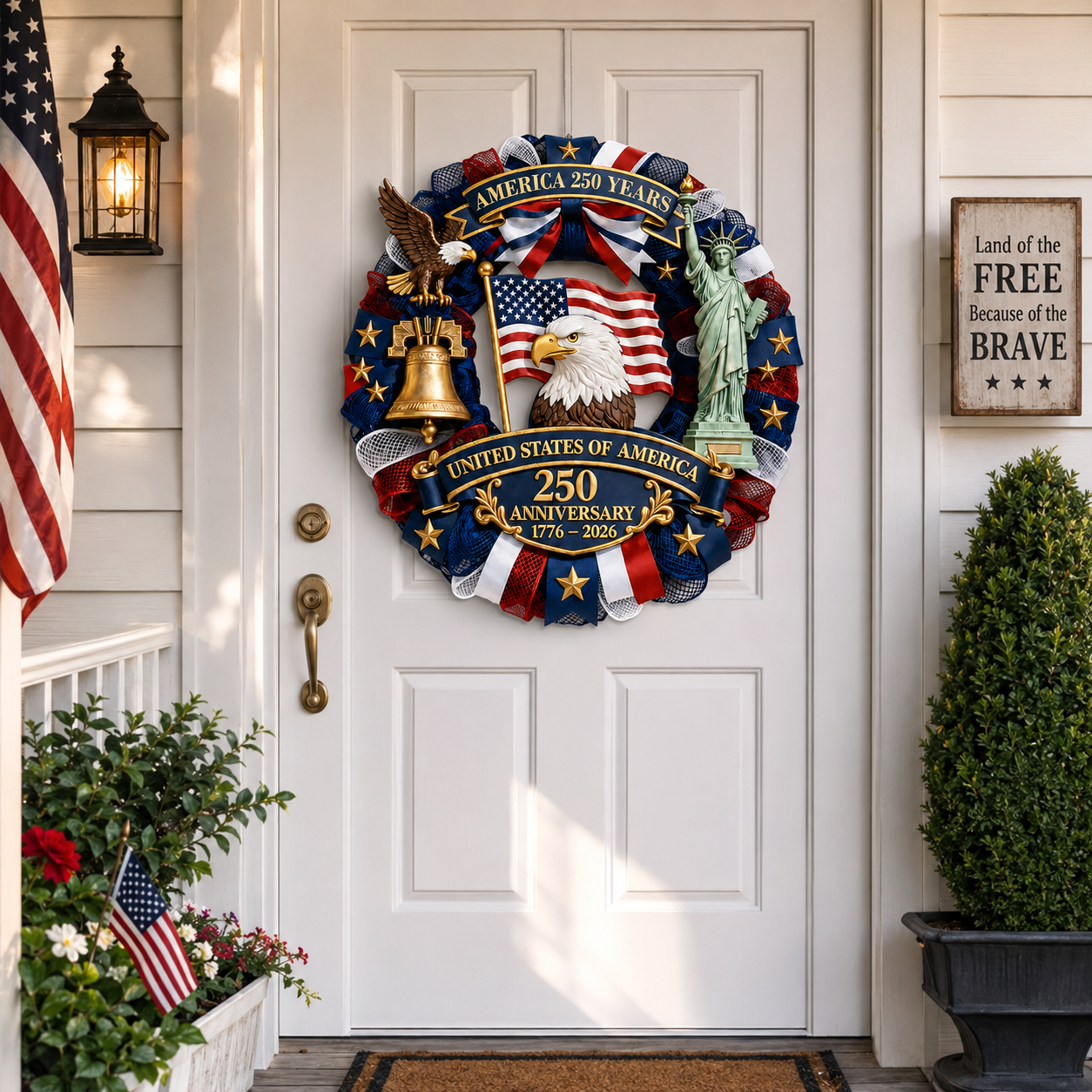 Patriotic 250th Anniversary Decorative Wreath – USA Eagle & Liberty Statue Wall Hanging