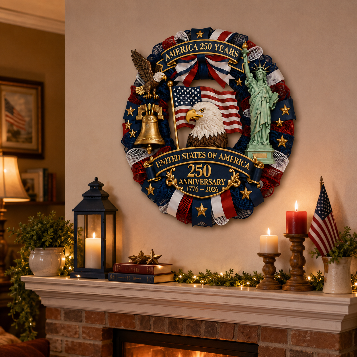Patriotic 250th Anniversary Decorative Wreath – USA Eagle & Liberty Statue Wall Hanging