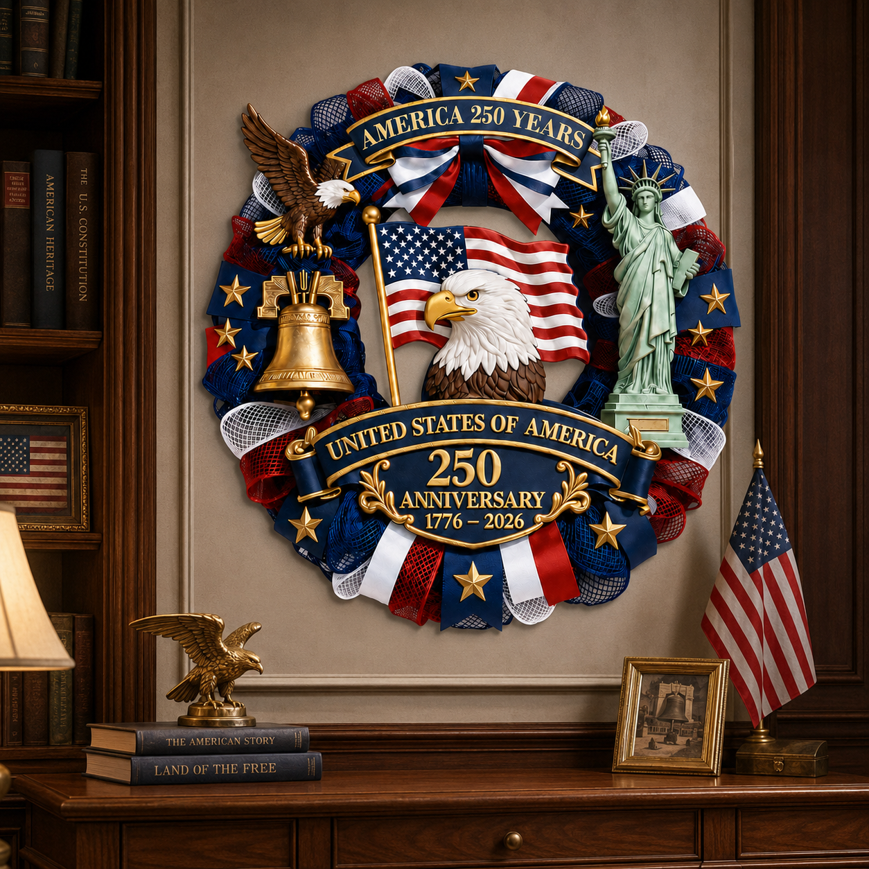 Patriotic 250th Anniversary Decorative Wreath – USA Eagle & Liberty Statue Wall Hanging