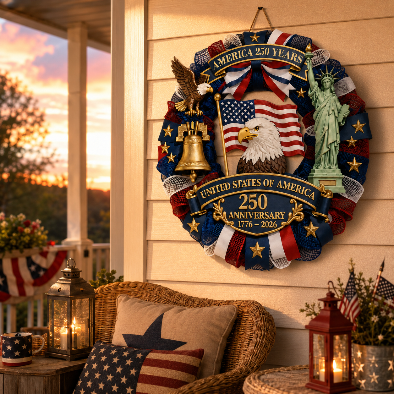 Patriotic 250th Anniversary Decorative Wreath – USA Eagle & Liberty Statue Wall Hanging