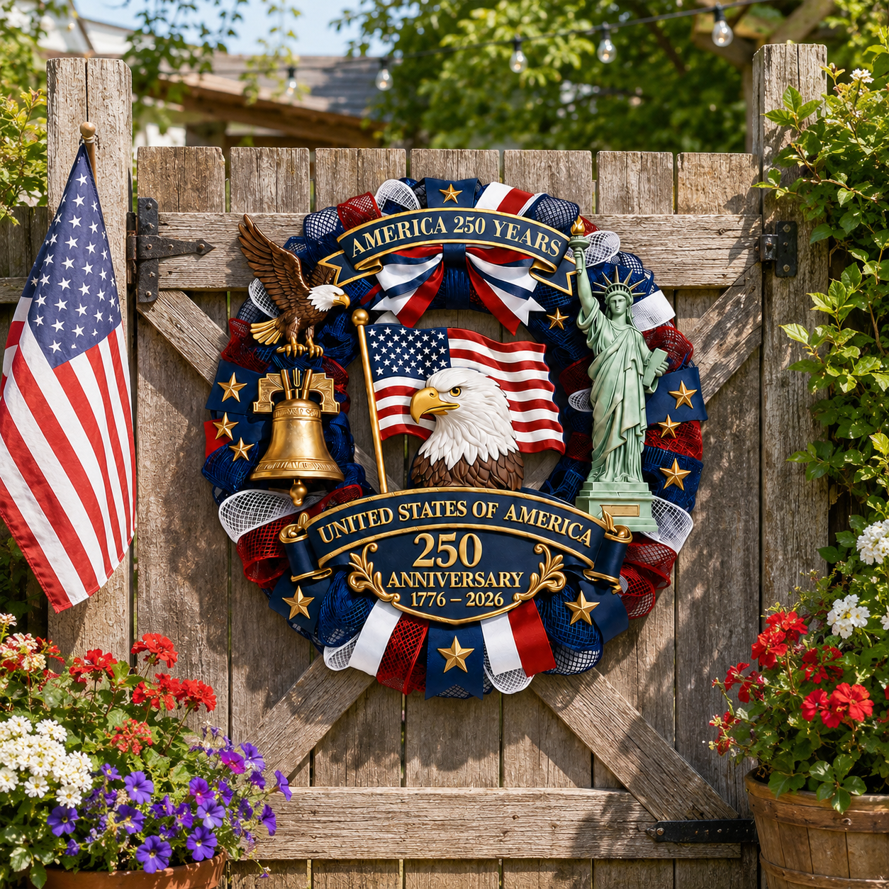 Patriotic 250th Anniversary Decorative Wreath – USA Eagle & Liberty Statue Wall Hanging