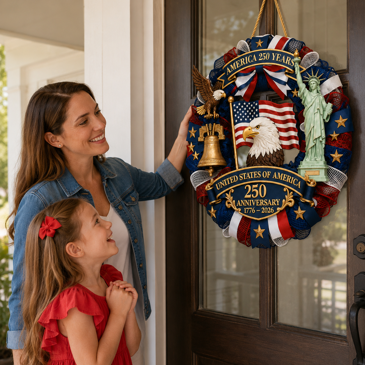 Patriotic 250th Anniversary Decorative Wreath – USA Eagle & Liberty Statue Wall Hanging