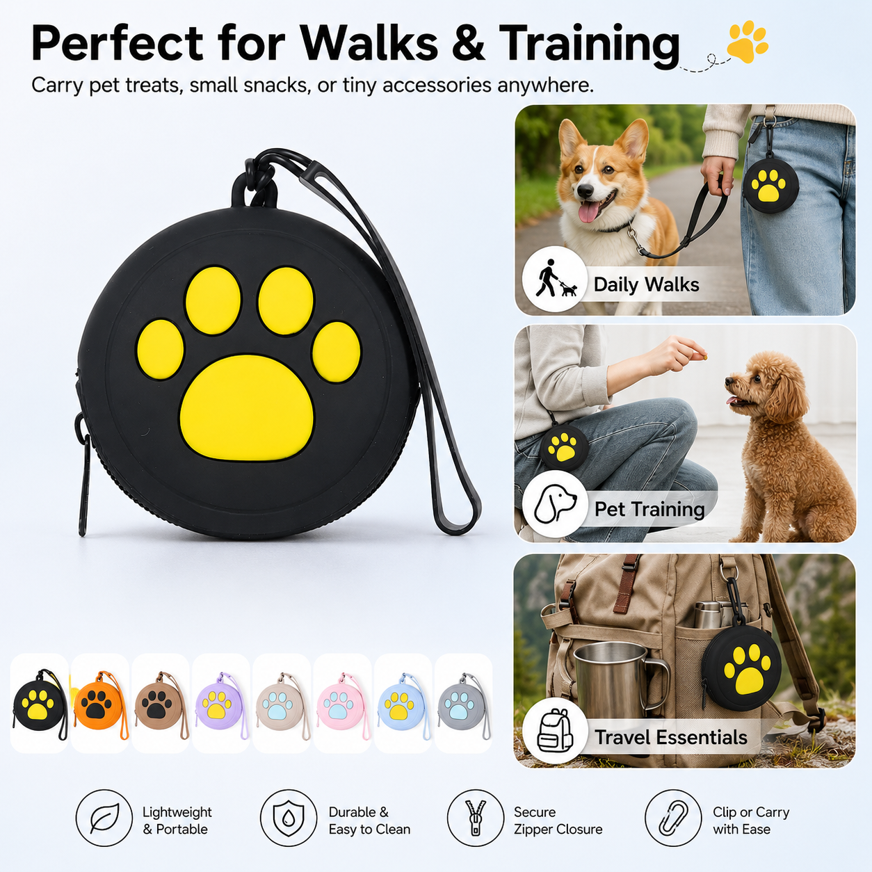 Compact Black Paws Pet Treat Pouch – Portable Dog & Cat Snack Holde