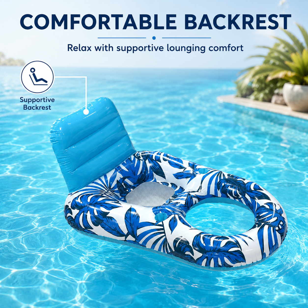 Inflatable Pool Lounge Float with Backrest – Tropical Leaf Pattern