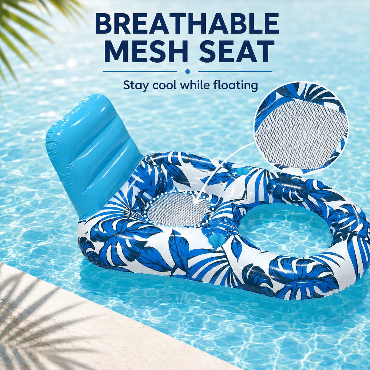 Inflatable Pool Lounge Float with Backrest – Tropical Leaf Pattern