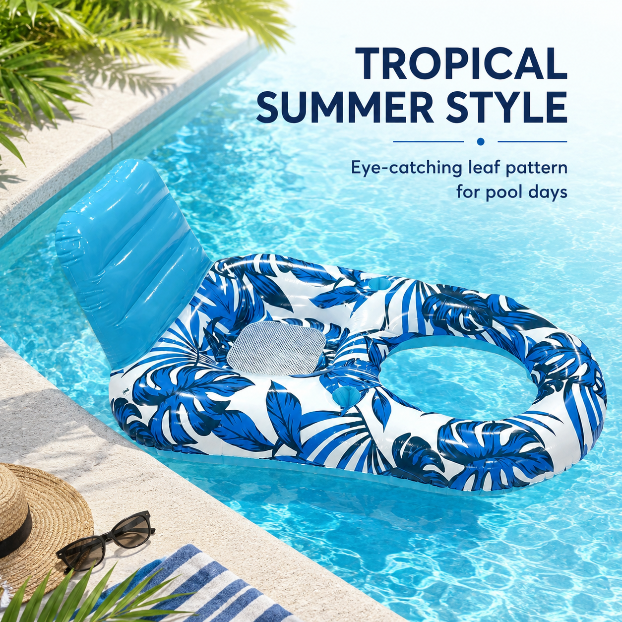 Inflatable Pool Lounge Float with Backrest – Tropical Leaf Pattern