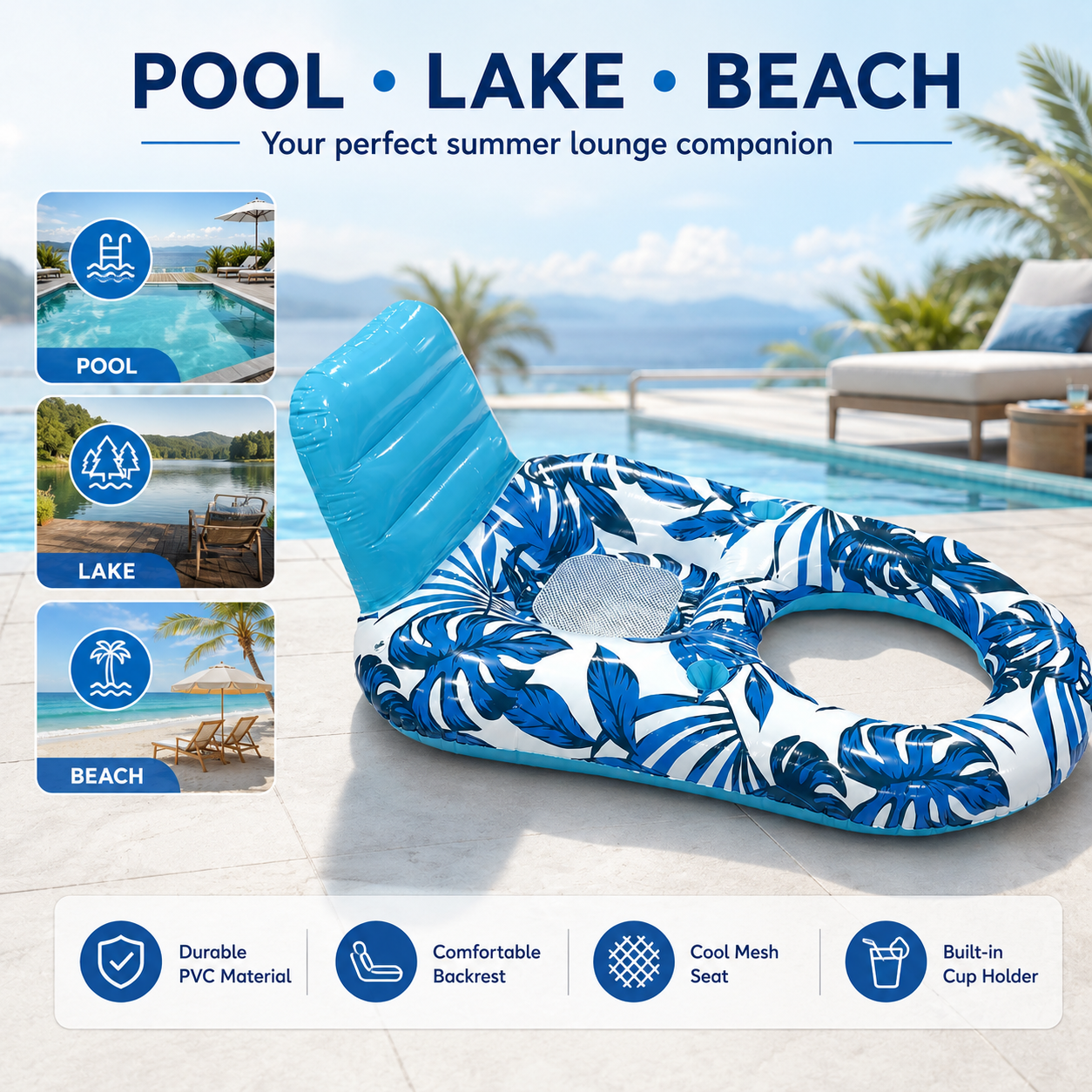 Inflatable Pool Lounge Float with Backrest – Tropical Leaf Pattern