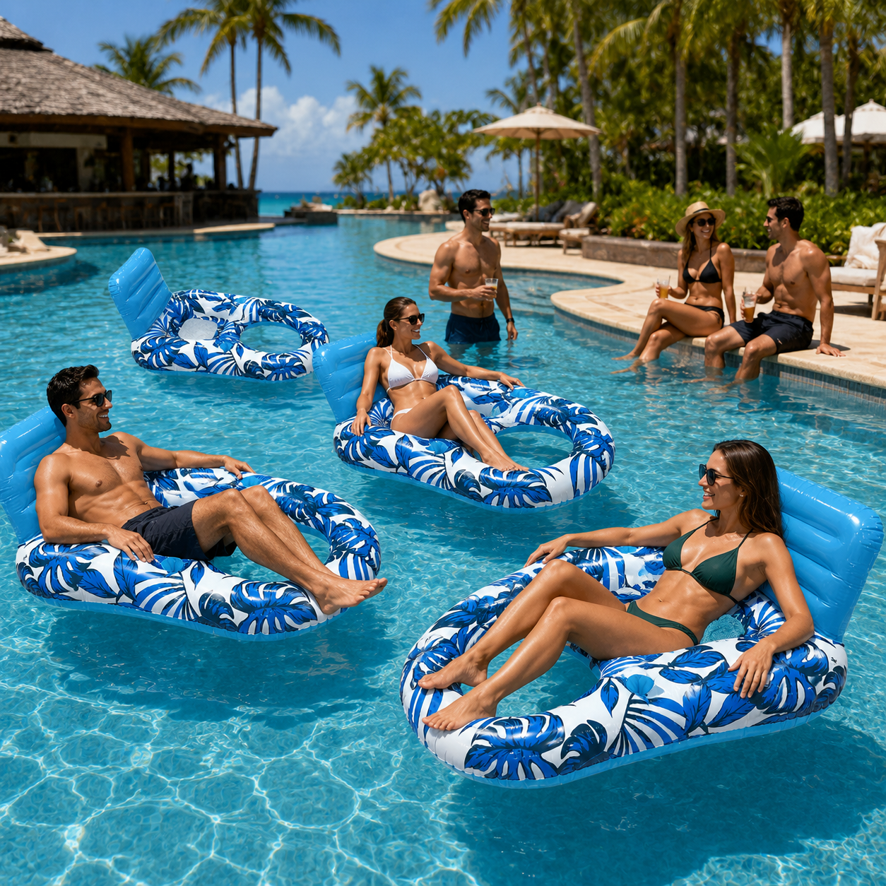 Inflatable Pool Lounge Float with Backrest – Tropical Leaf Pattern