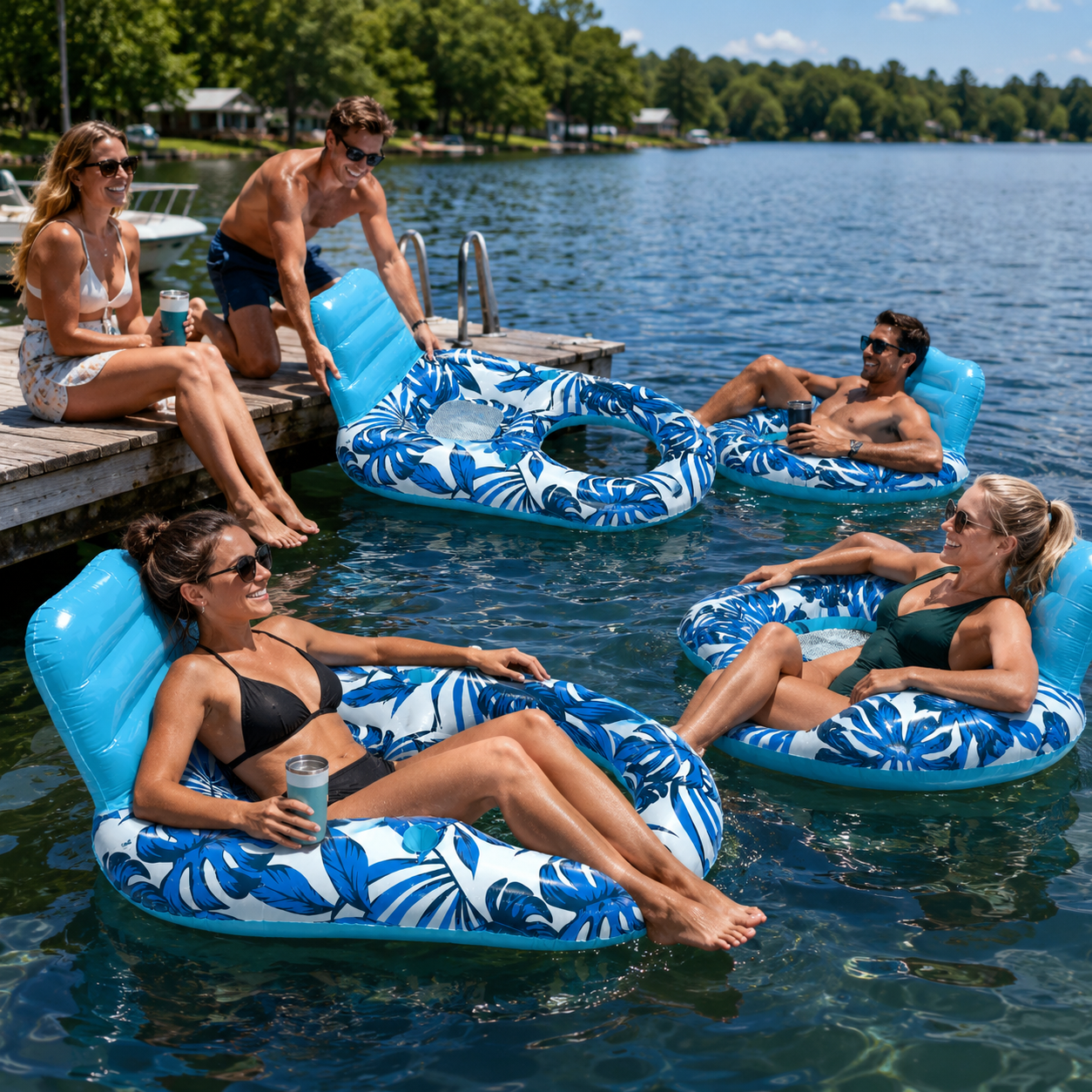 Inflatable Pool Lounge Float with Backrest – Tropical Leaf Pattern