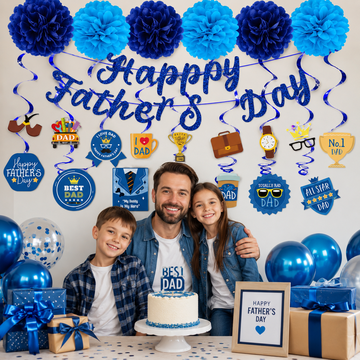 Father's Day Party Decoration Set – Blue Glitter Pom-Poms & Hanging Cutouts with Size Labels