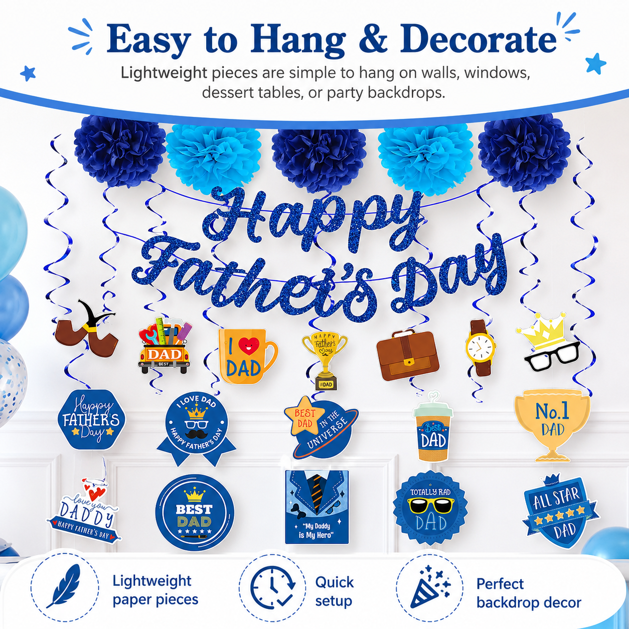 Father's Day Party Decoration Set – Blue Glitter Pom-Poms & Hanging Cutouts with Size Labels