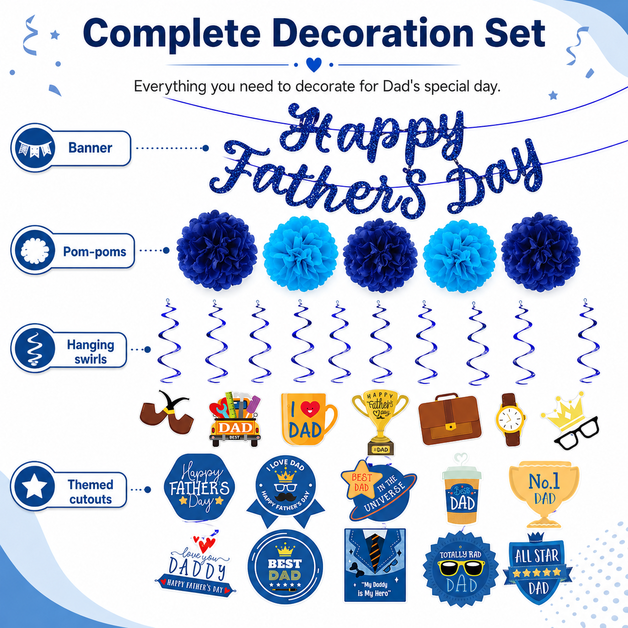 Father's Day Party Decoration Set – Blue Glitter Pom-Poms & Hanging Cutouts with Size Labels