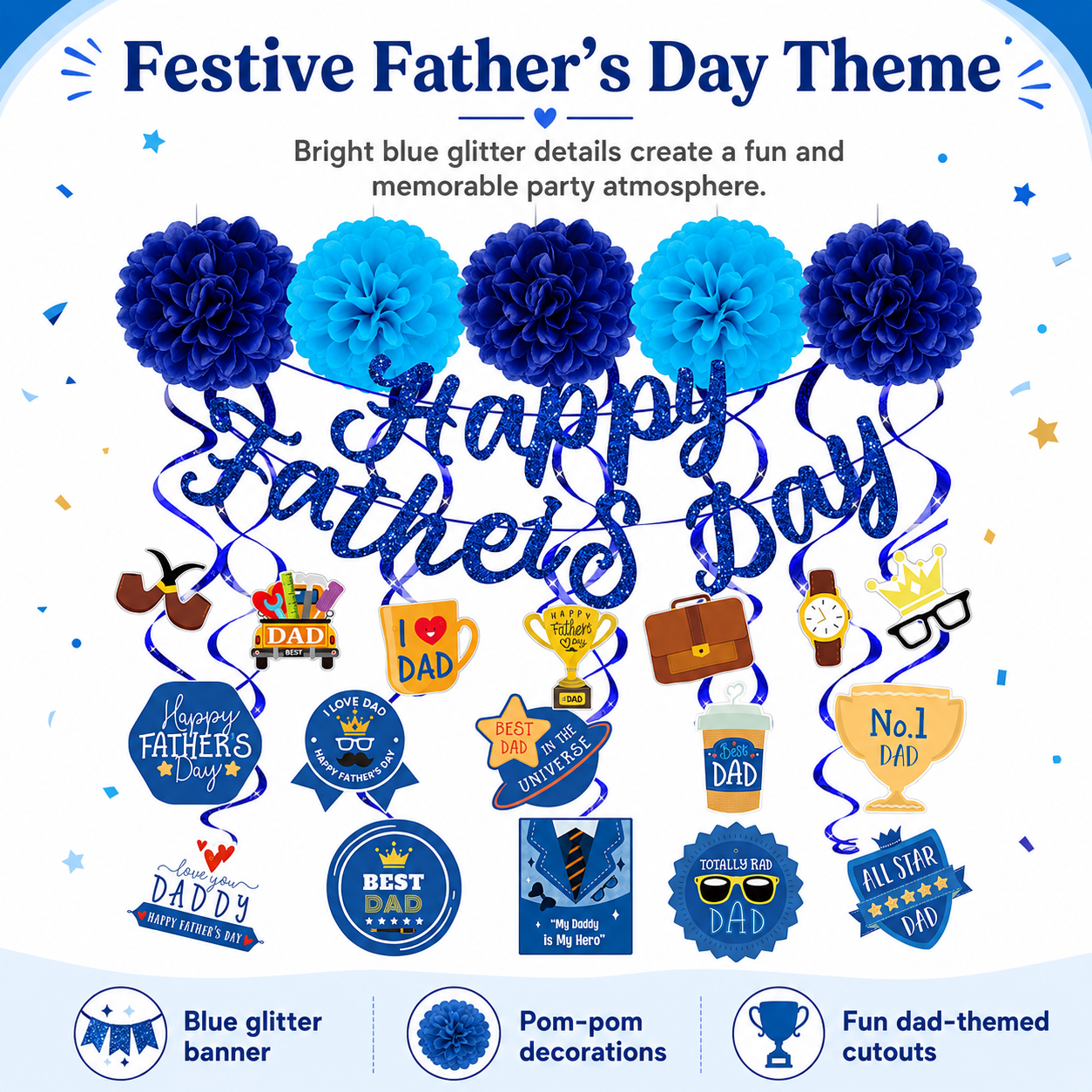Father's Day Party Decoration Set – Blue Glitter Pom-Poms & Hanging Cutouts with Size Labels