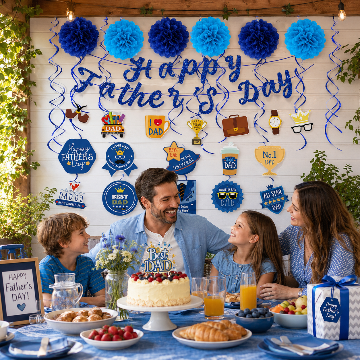 Father's Day Party Decoration Set – Blue Glitter Pom-Poms & Hanging Cutouts with Size Labels