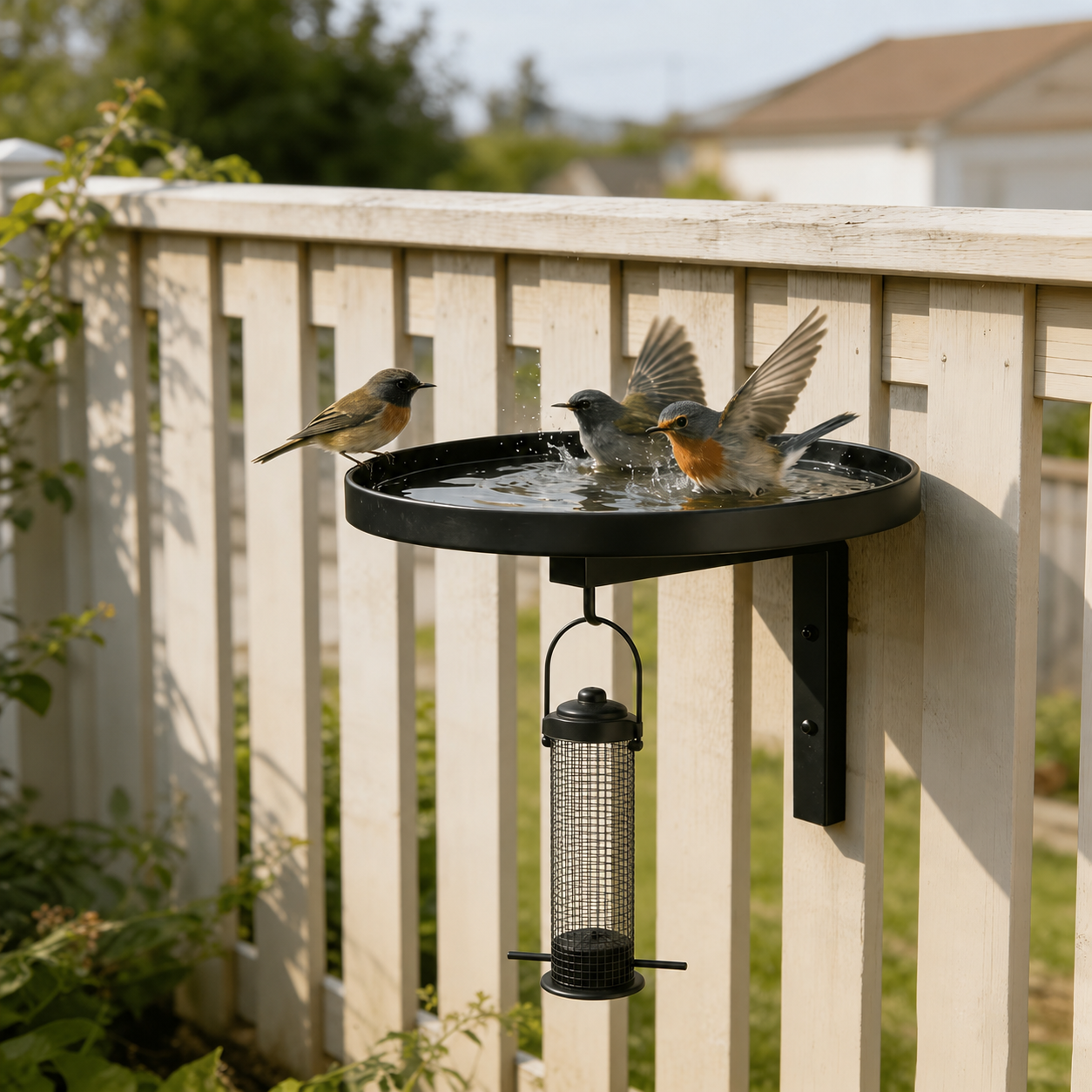 Outdoor Black Metal Bird Bath & Feeder Combo