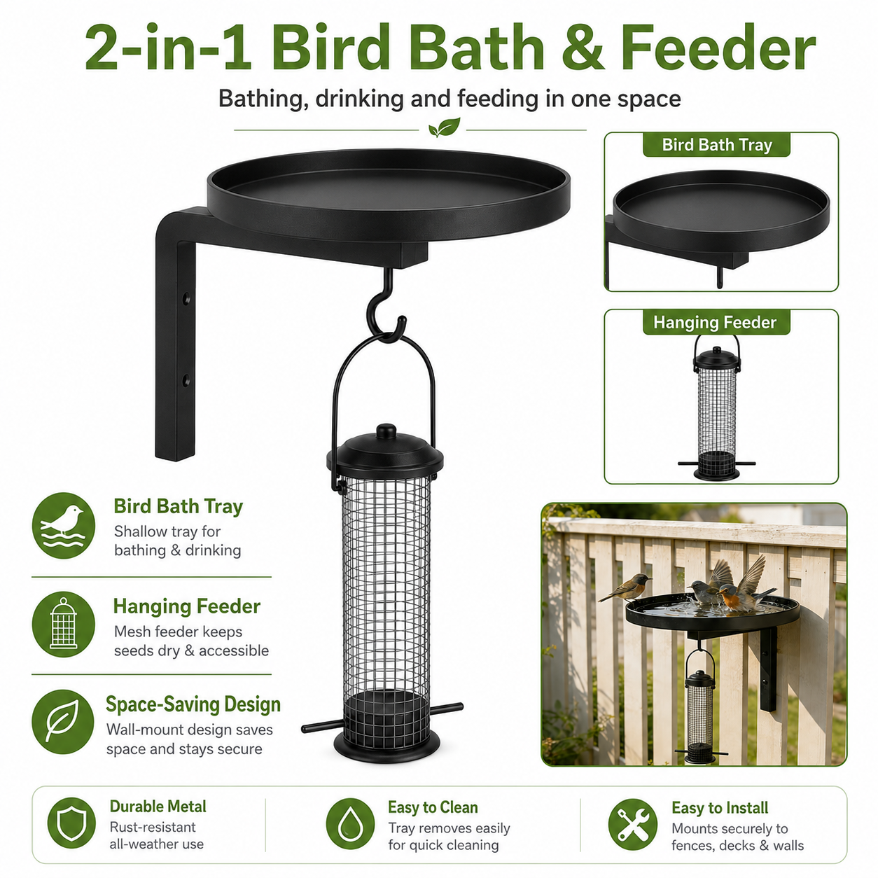 Outdoor Black Metal Bird Bath & Feeder Combo