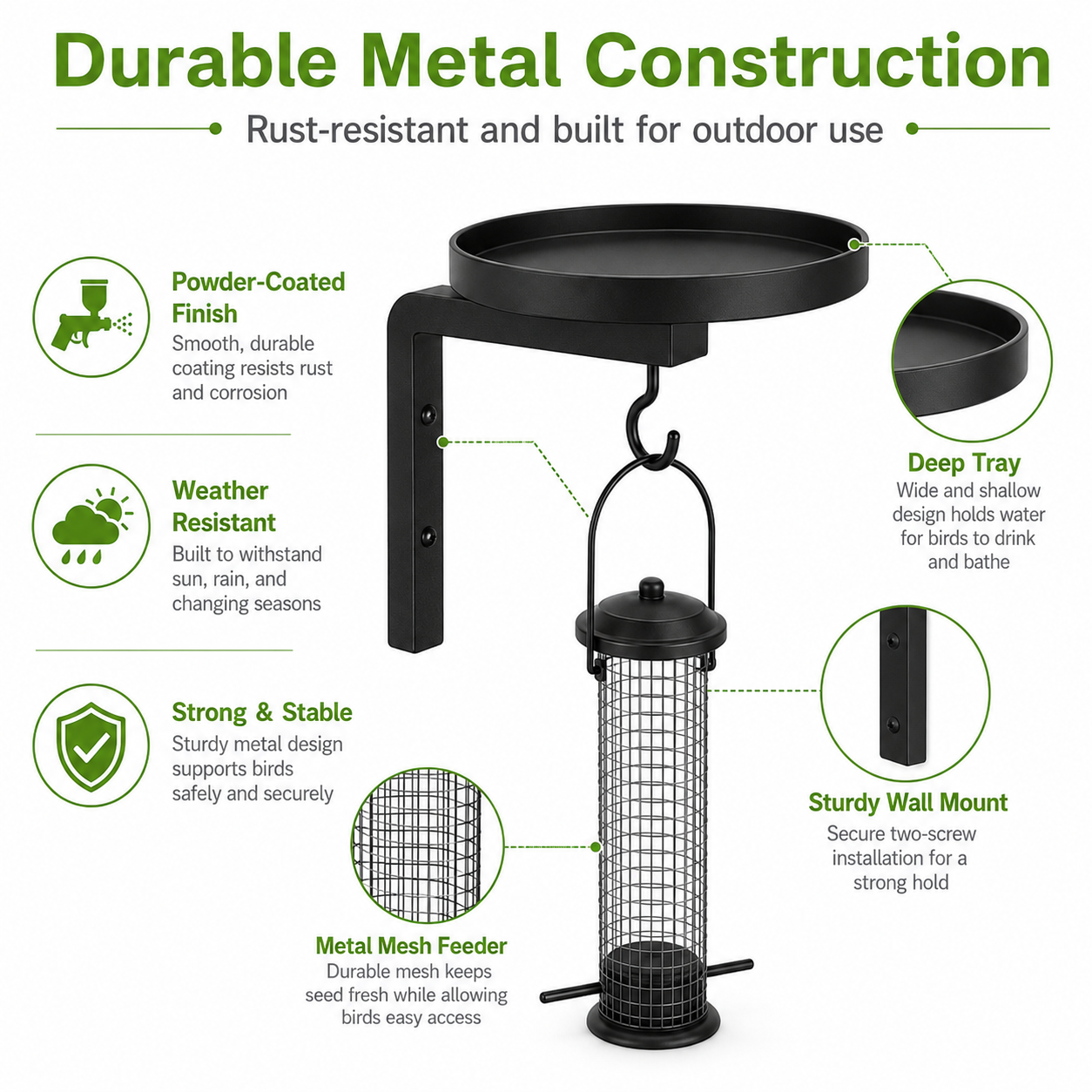 Outdoor Black Metal Bird Bath & Feeder Combo