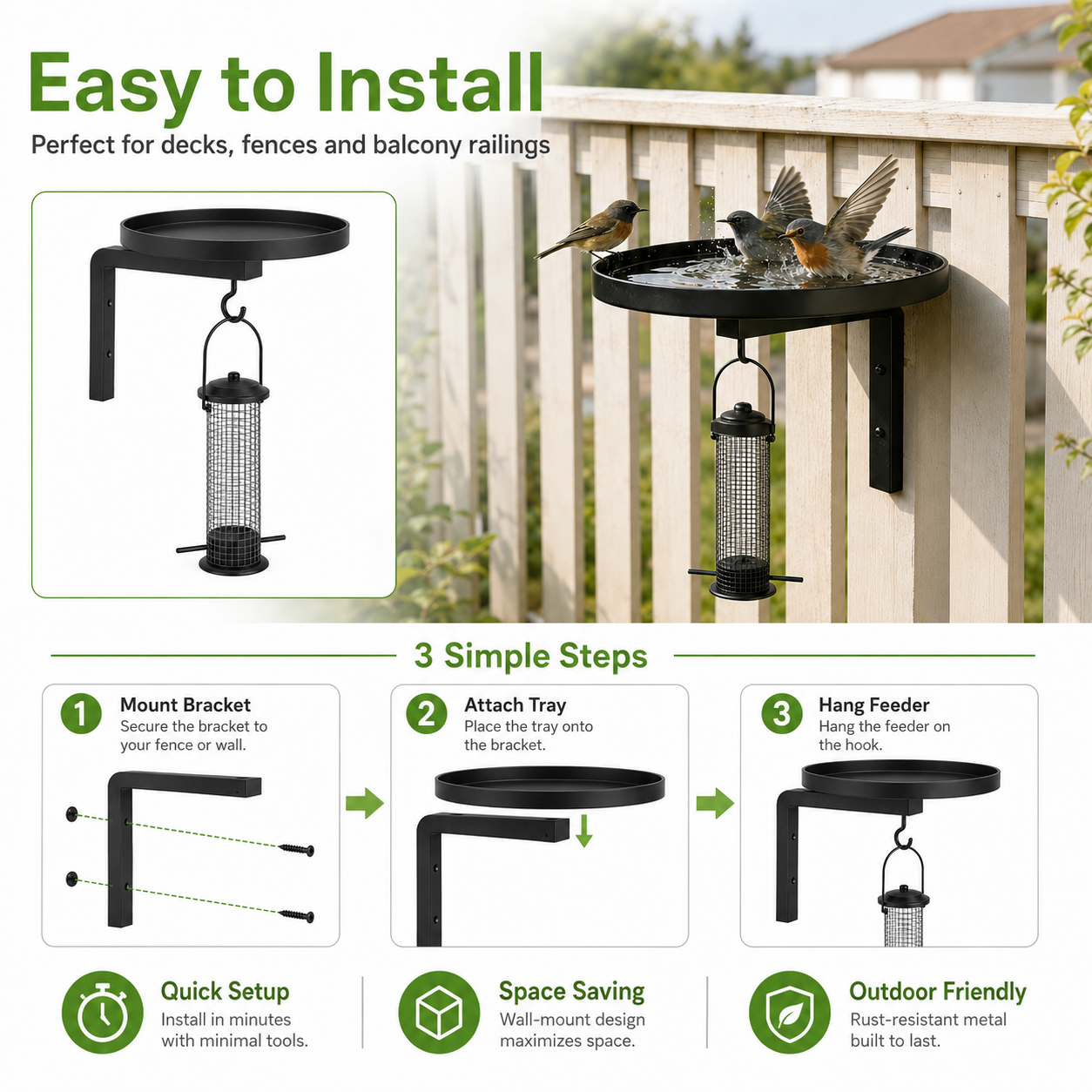 Outdoor Black Metal Bird Bath & Feeder Combo