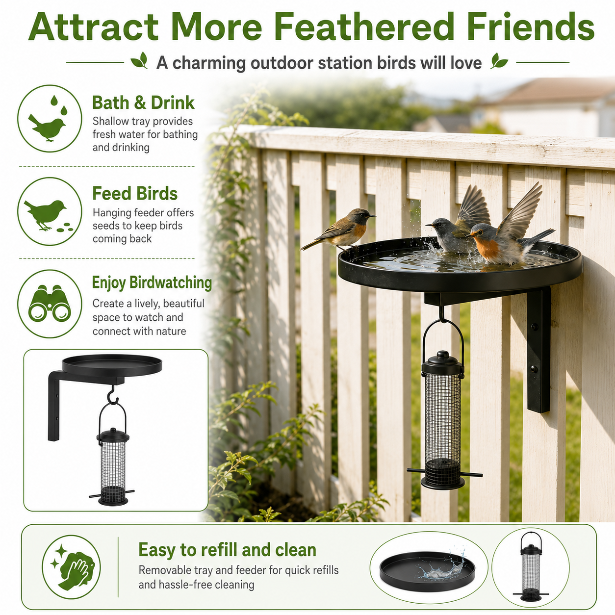 Outdoor Black Metal Bird Bath & Feeder Combo