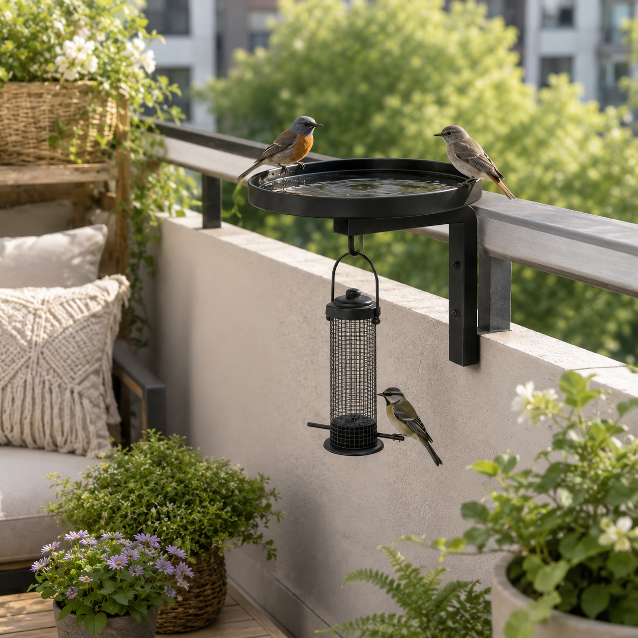 Outdoor Black Metal Bird Bath & Feeder Combo