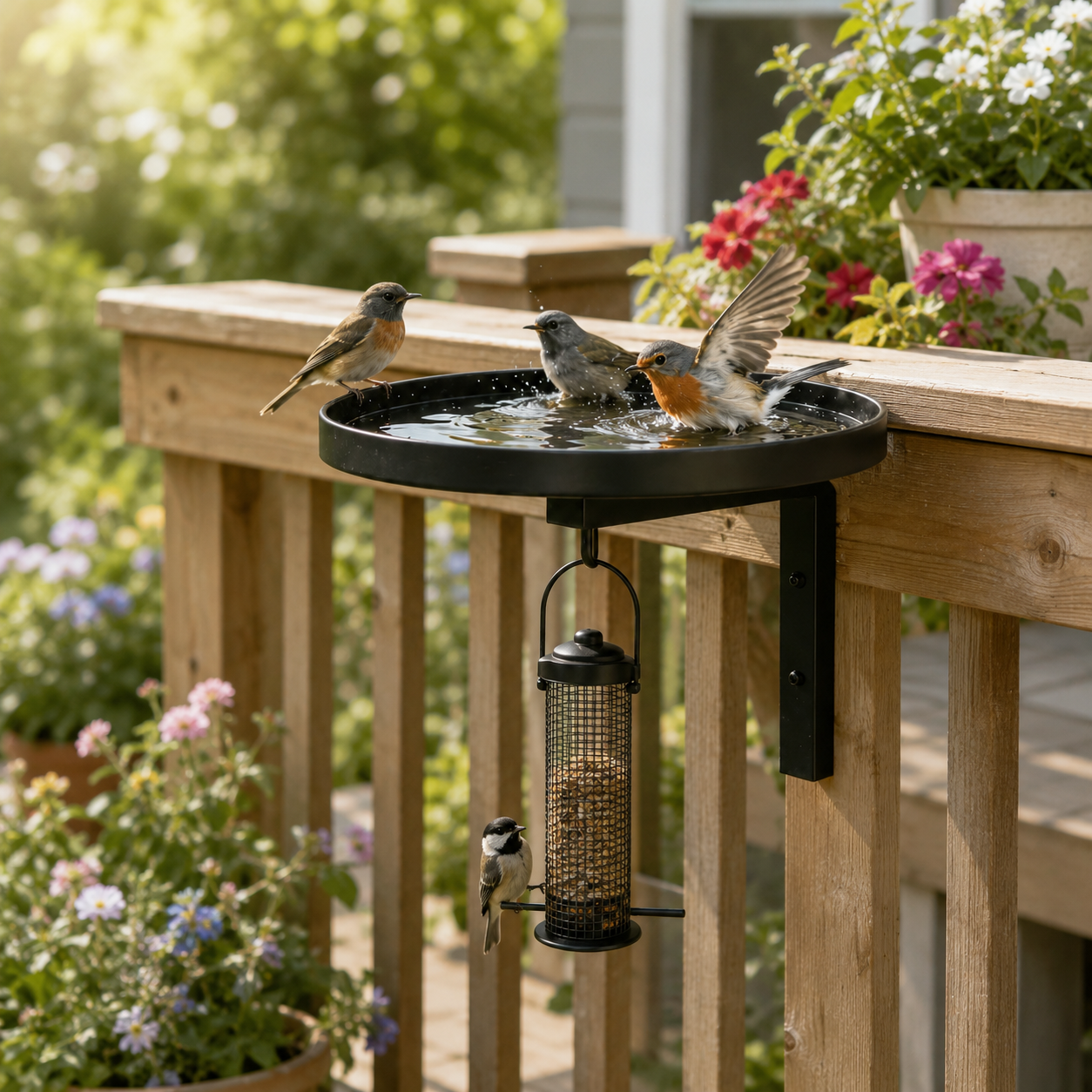 Outdoor Black Metal Bird Bath & Feeder Combo