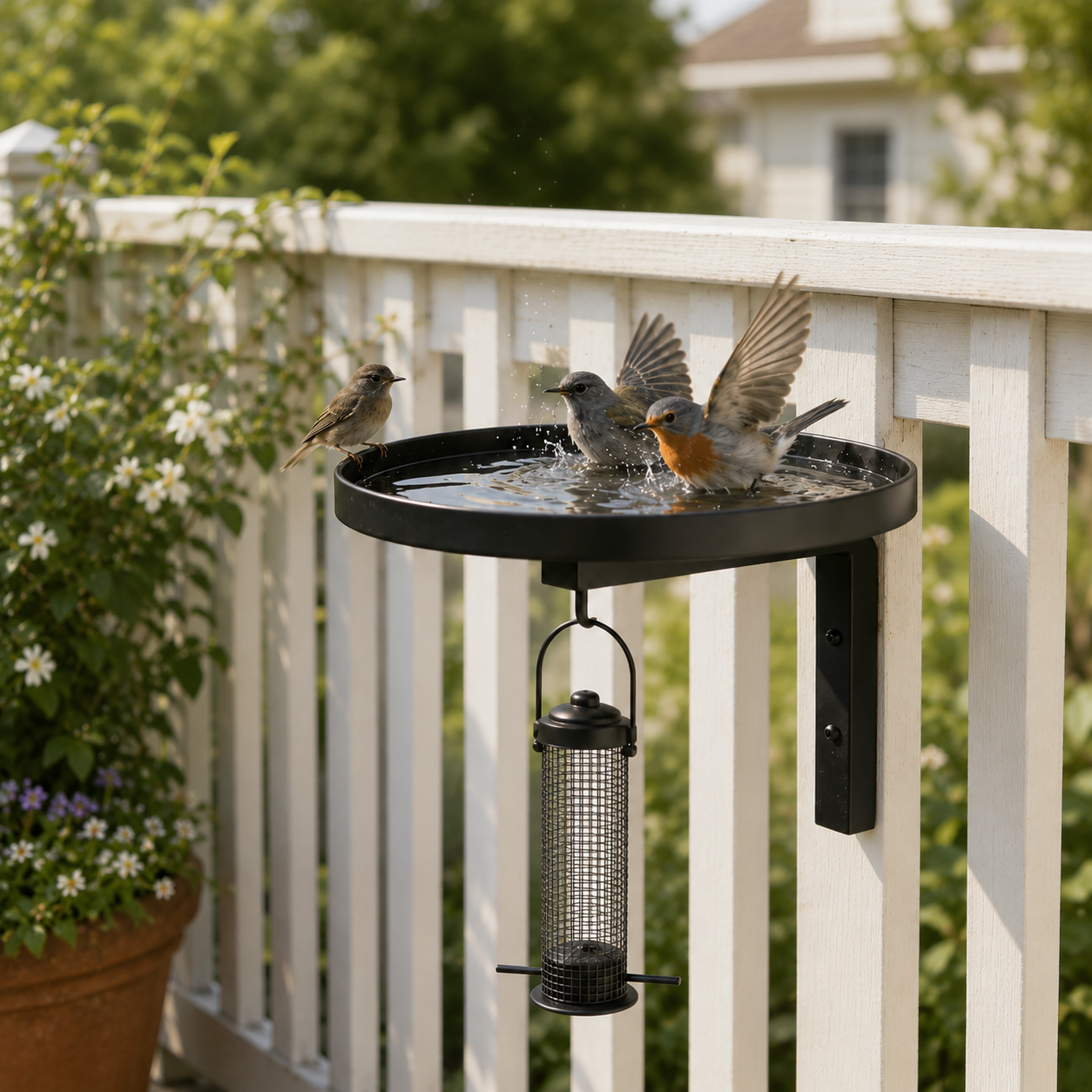 Outdoor Black Metal Bird Bath & Feeder Combo