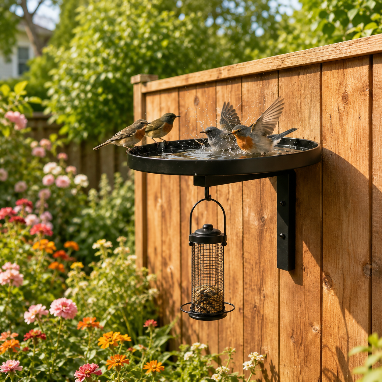 Outdoor Black Metal Bird Bath & Feeder Combo