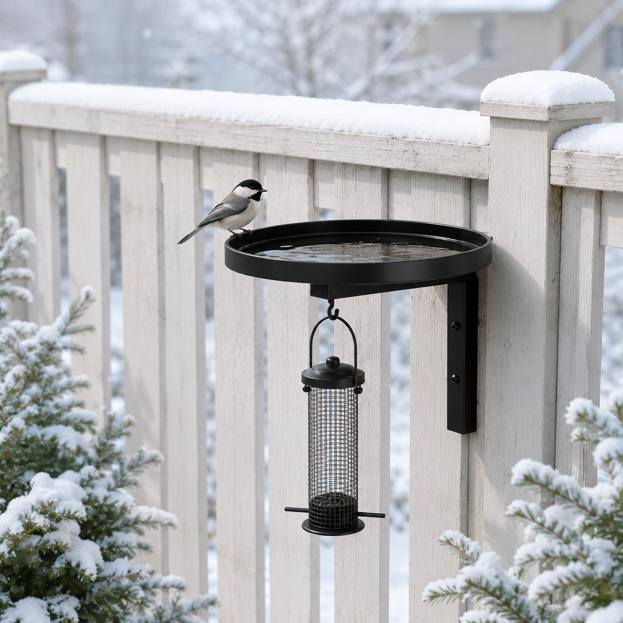 Outdoor Black Metal Bird Bath & Feeder Combo