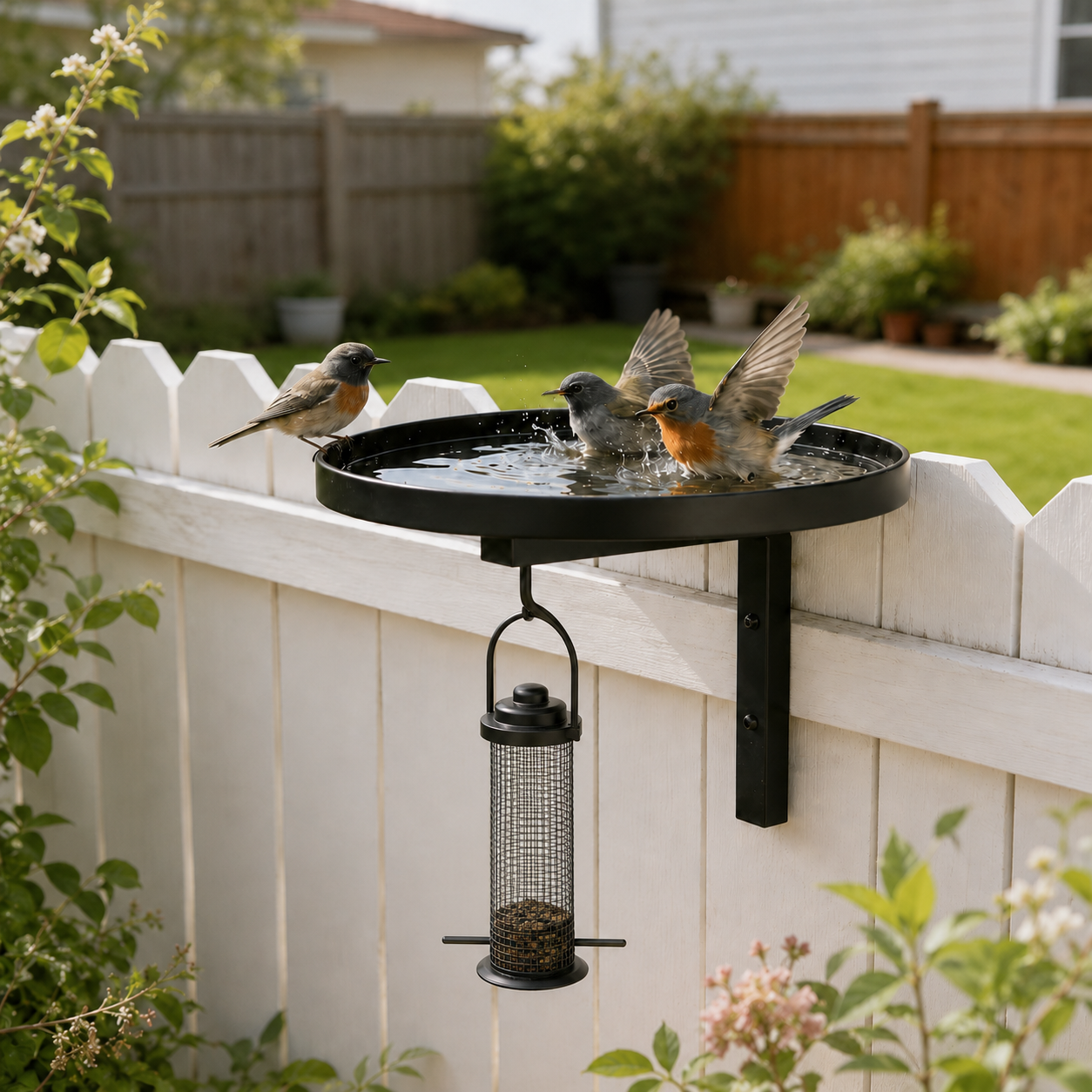 Outdoor Black Metal Bird Bath & Feeder Combo