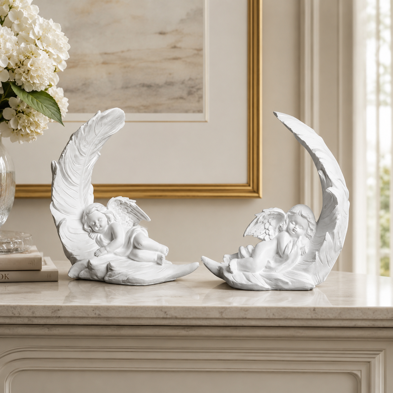 Elegant Angel Feather Statue Set – Resin Cherub Figurines
