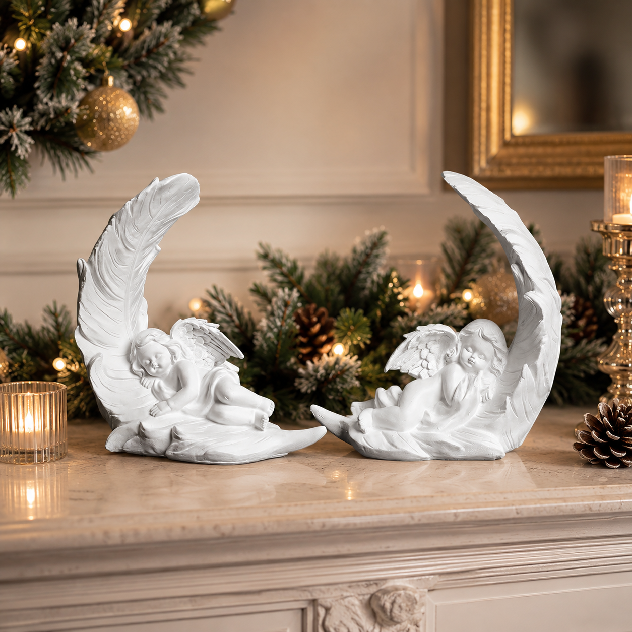 Elegant Angel Feather Statue Set – Resin Cherub Figurines
