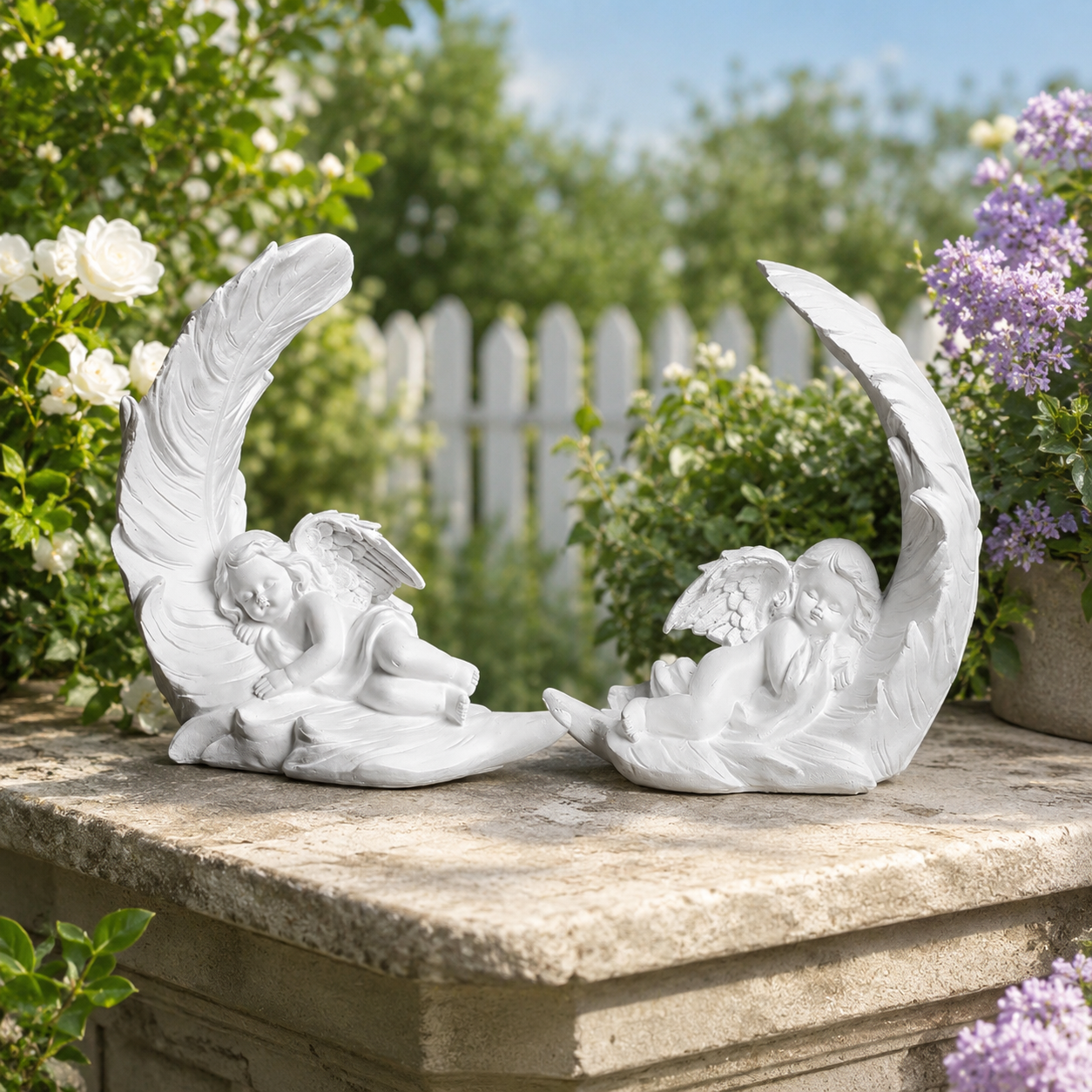 Elegant Angel Feather Statue Set – Resin Cherub Figurines