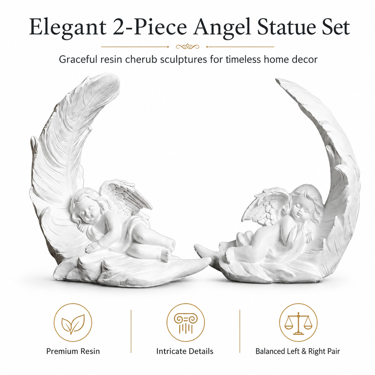 Elegant Angel Feather Statue Set – Resin Cherub Figurines
