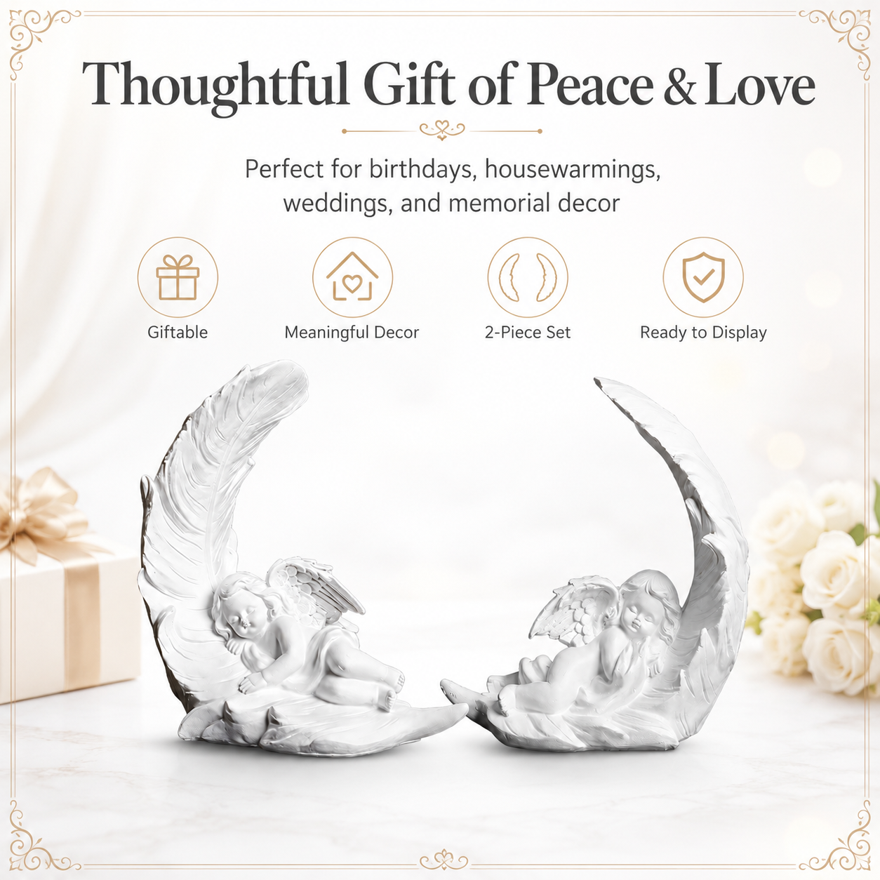 Elegant Angel Feather Statue Set – Resin Cherub Figurines
